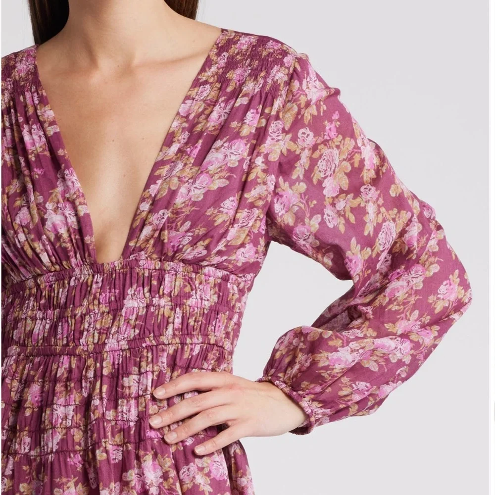 Free People Maive Long Sleeve Mauve ORANGE Floral Mini Dress Ruching NEW